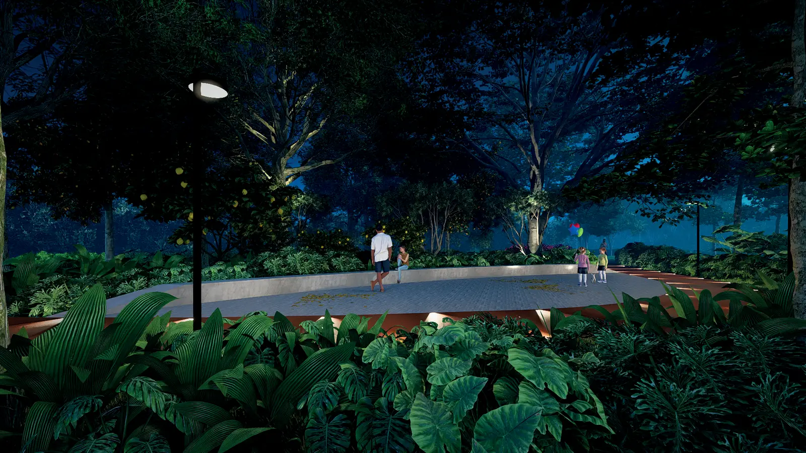 Render do projeto paisagístico do bosque, período noturno